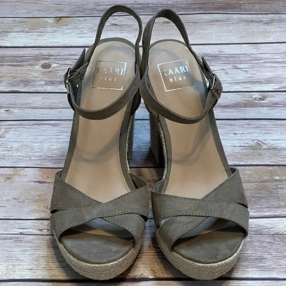 Kaari Blue Vera Size 8.5 Olive Green Suede Platform Espadrille Jute Heel - Picture 2 of 14